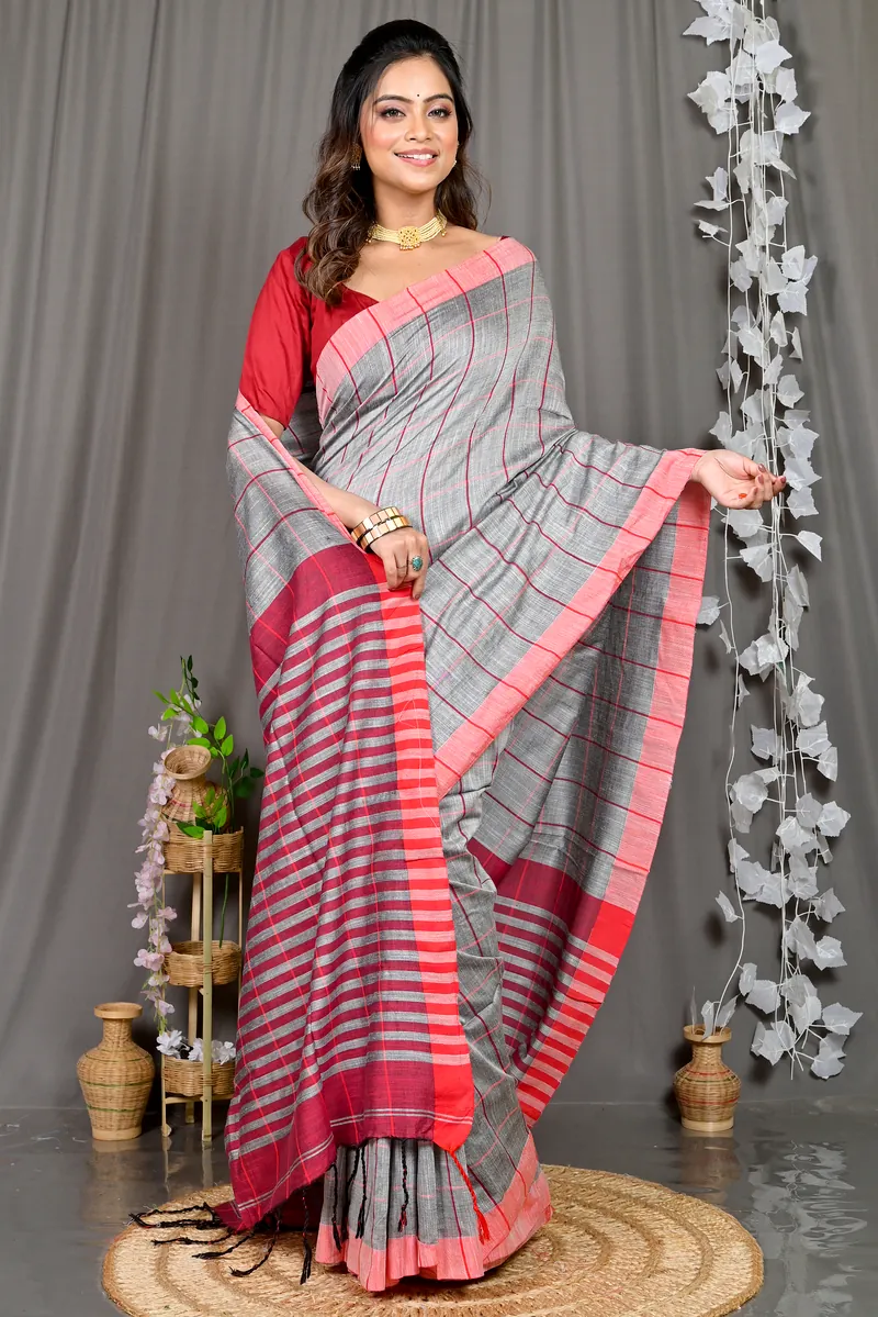 Grey Cotton Blended Parodhi Hand Loom Saree (486)