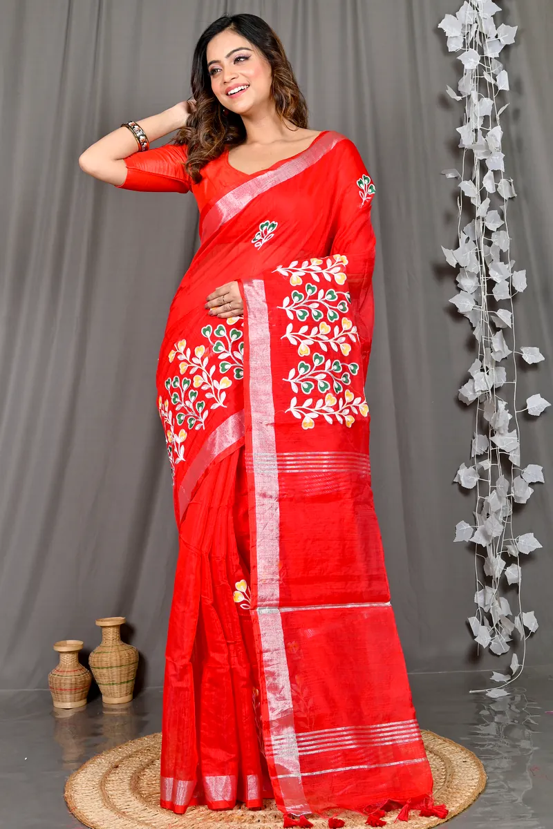 Red Cotton Blended Paroni Embroidery Handloom saree (492)
