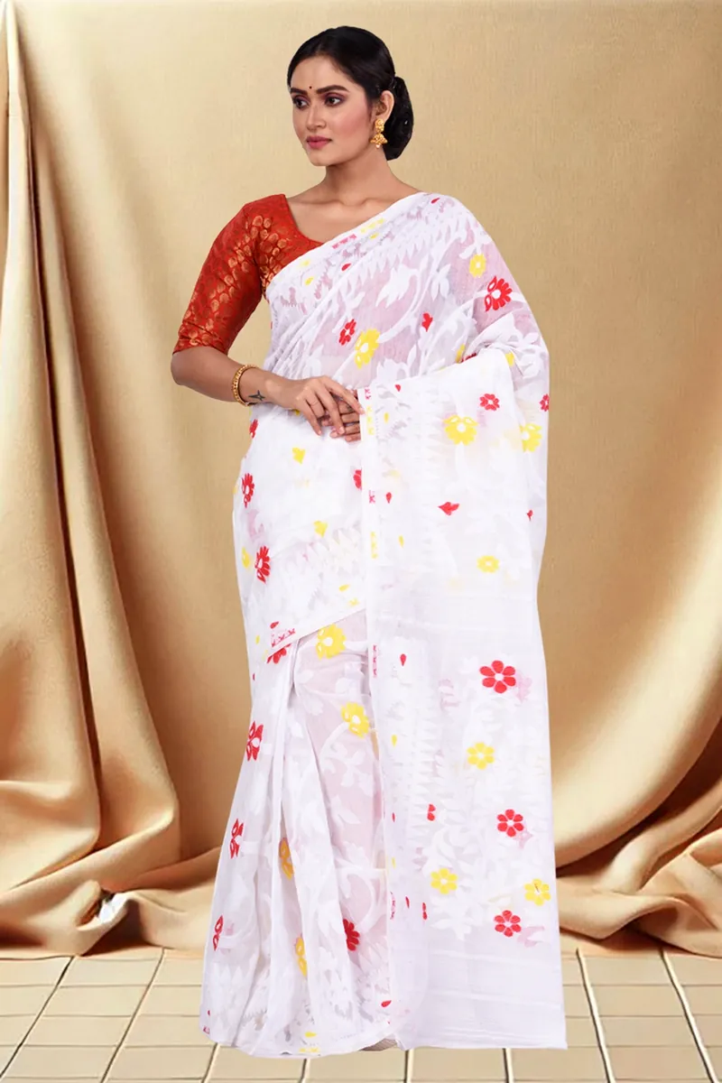 White Pure Cotton Fulpori__Jamd Jamdani Saree (495)