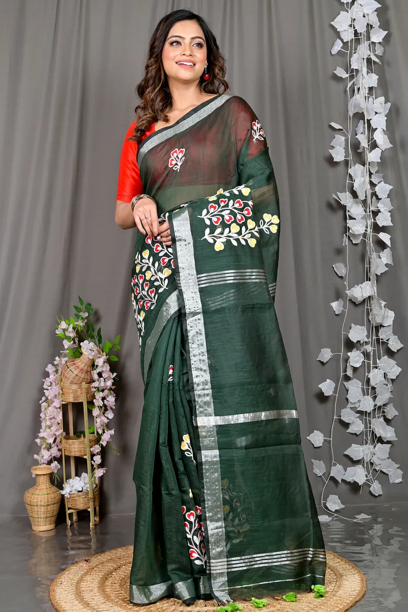 Dark Green Cotton Blended Paroni Embroidery Handloom saree (496)