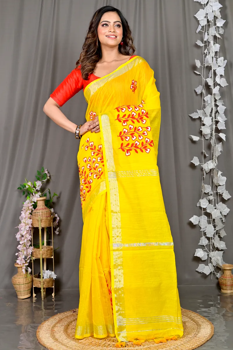 Yellow Cotton Blended Paroni Embroidery Handloom saree (497)