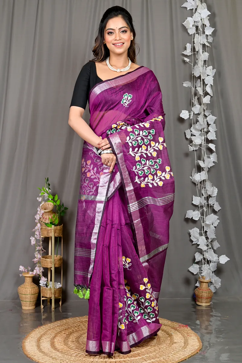 Purple Cotton Blended Paroni Embroidery Handloom saree (498)