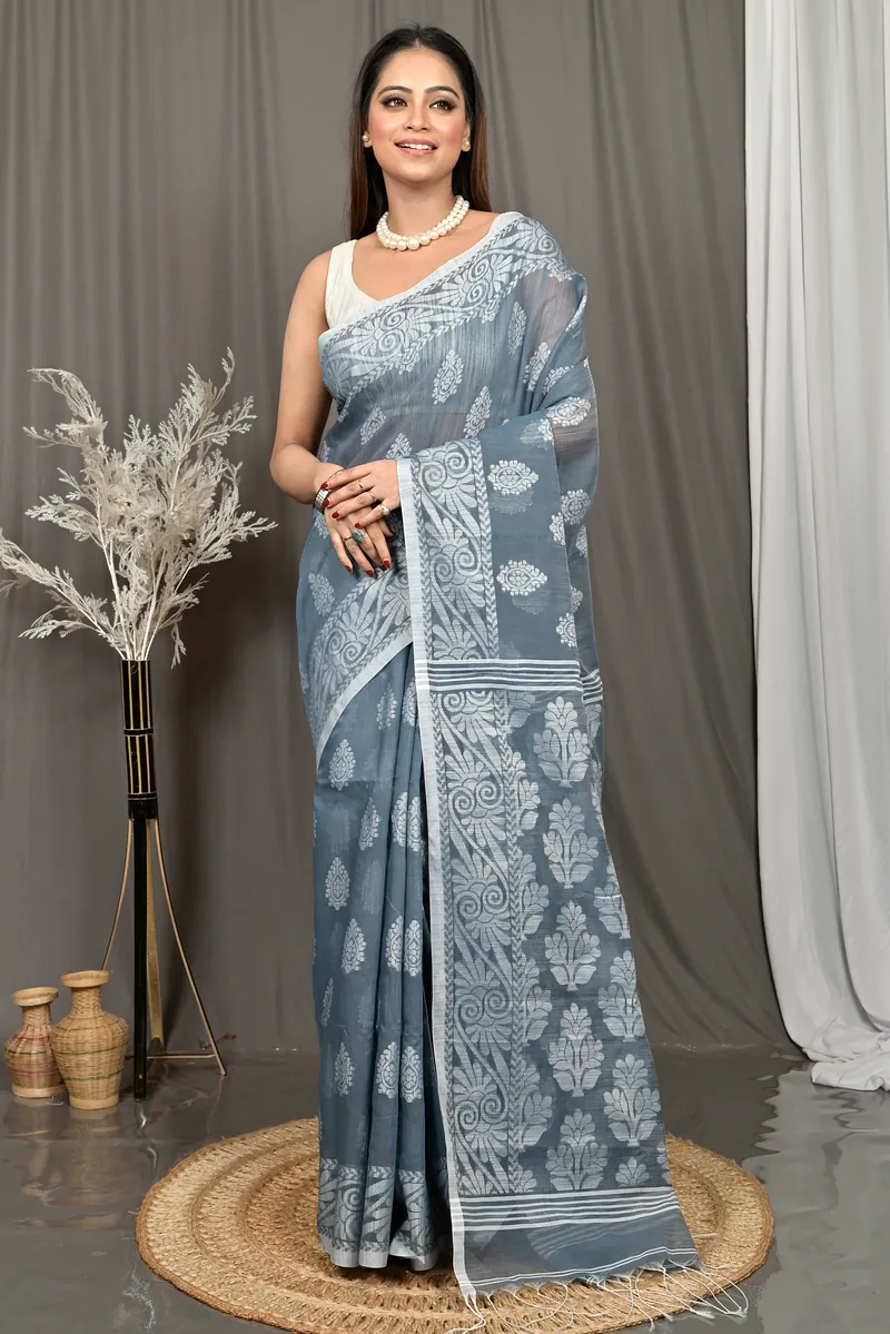 Grey Cotton Parbit Handloom Saree  (50)