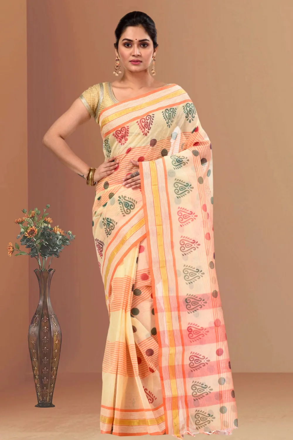 Orange Pure Cotton Matha Saree Tant Saree Print (5010)