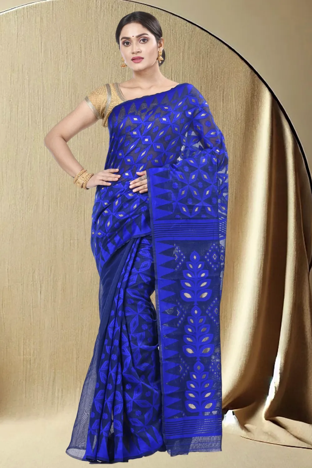 Blue Pure Cotton Minakari_Jmdni Jamdani Saree (506)