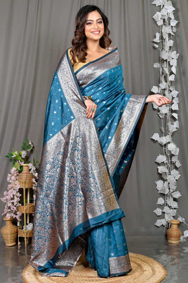 Turquoise Blue Cotton Silk Parova Tanchui Saree (513)
