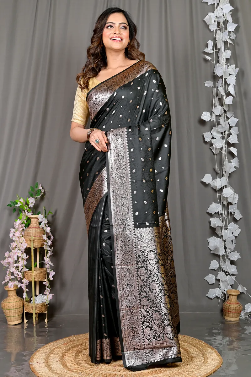 Black Cotton Silk Parova Tanchui Saree (514)
