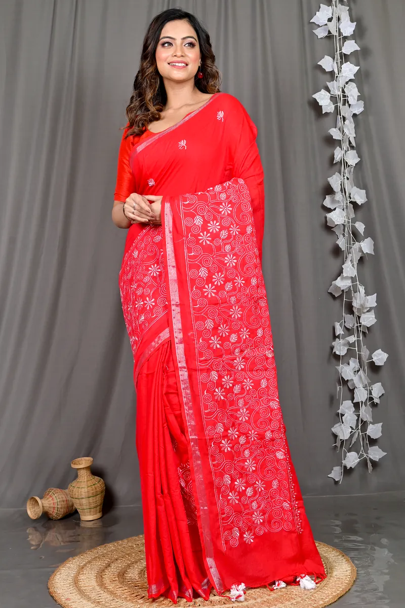 Red Cotton Blended Paru Hand Loom Saree (516)