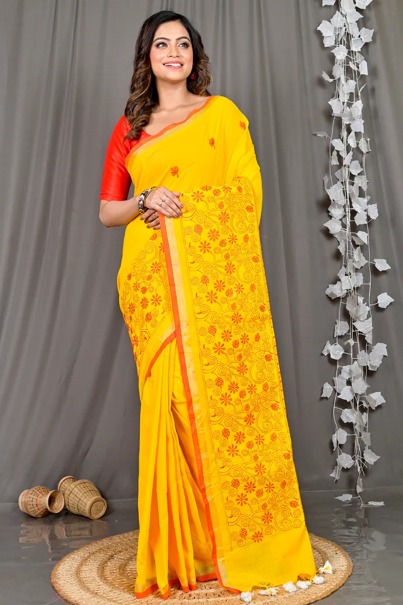 Yellow Cotton Blended Paru Hand Loom Saree (517)