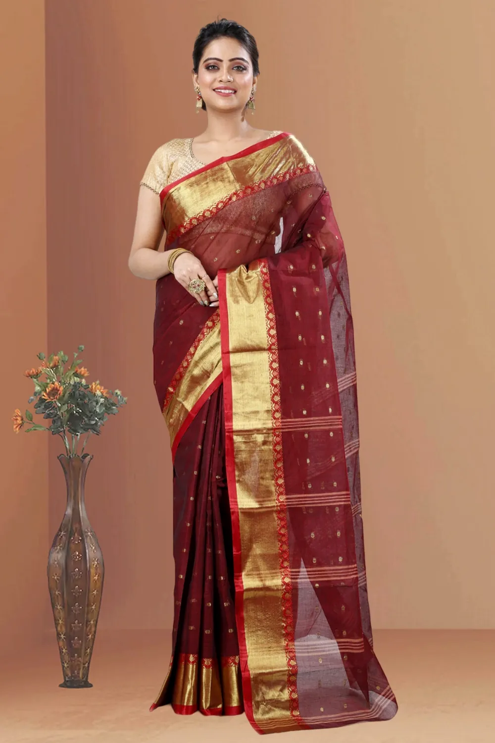 Brown Pure Cotton JoriPar Tant Saree (5173)