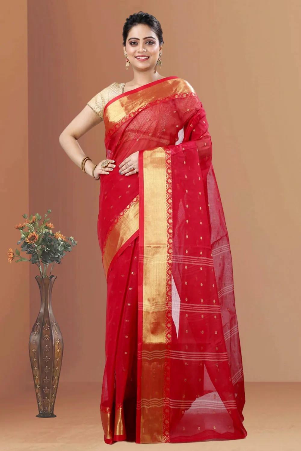 Red Pure Cotton JoriPar Tant Saree (5175)