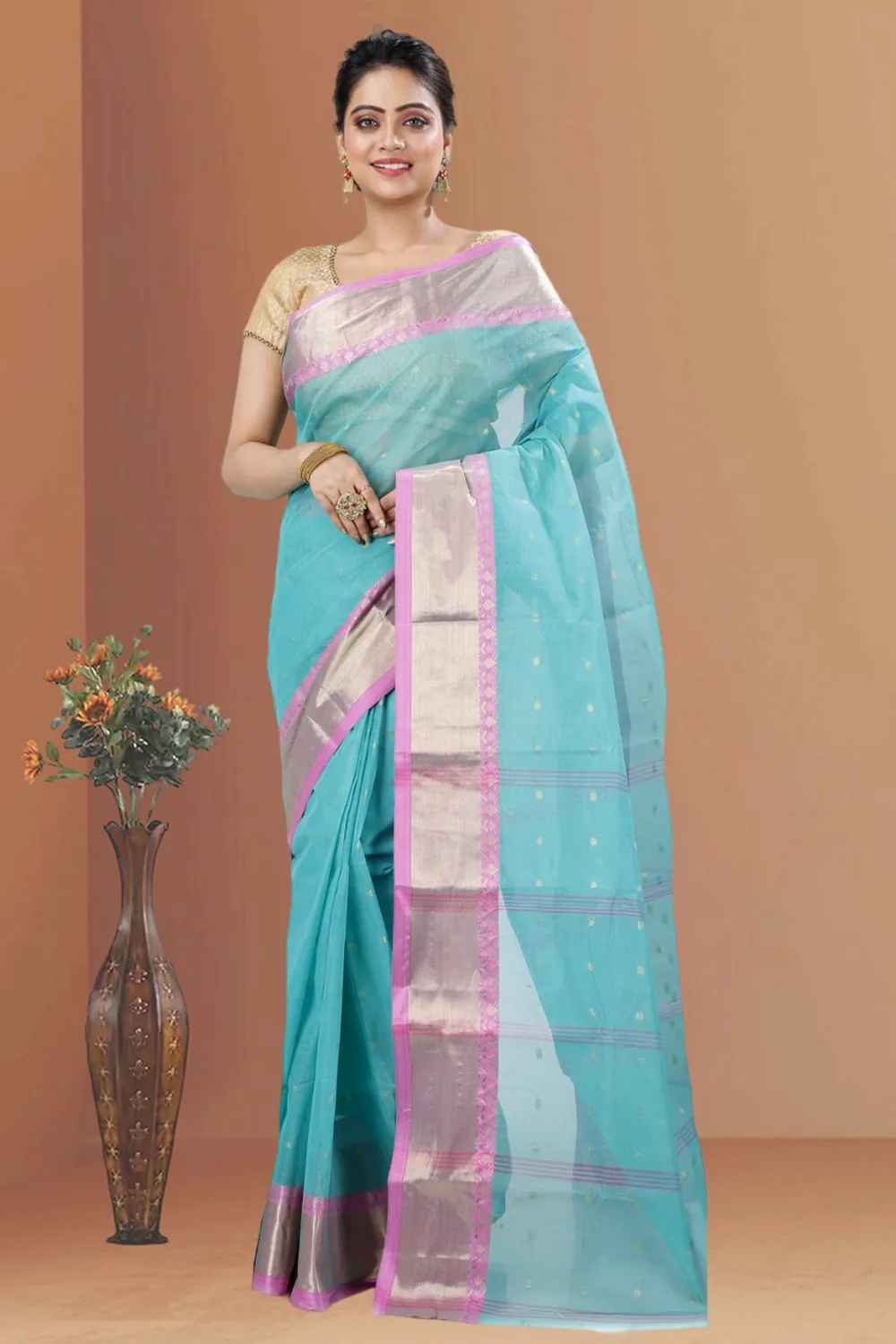 See Green Pure Cotton JoriPar Tant Saree (5176)