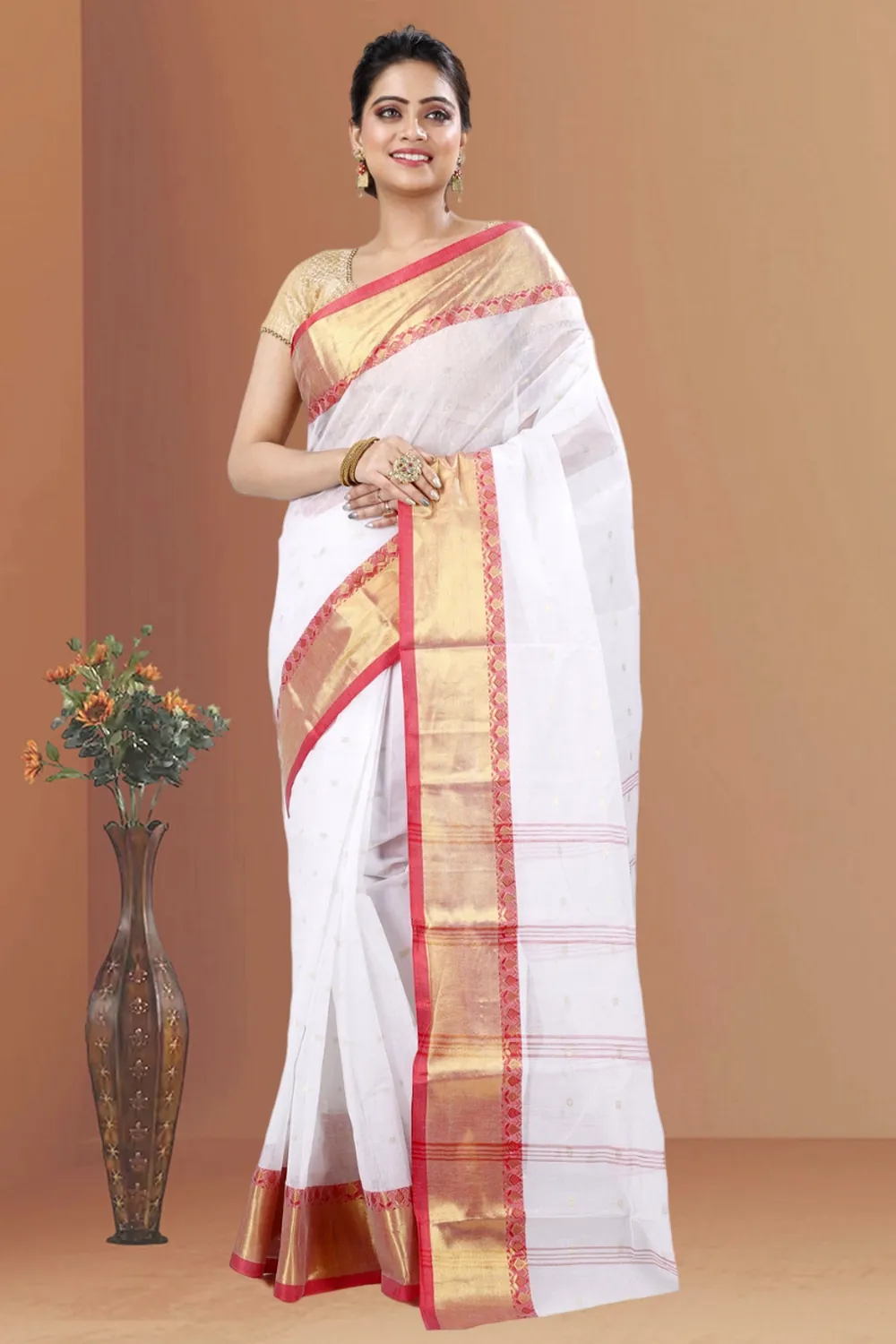 White Pure Cotton JoriPar Tant Saree (5177)