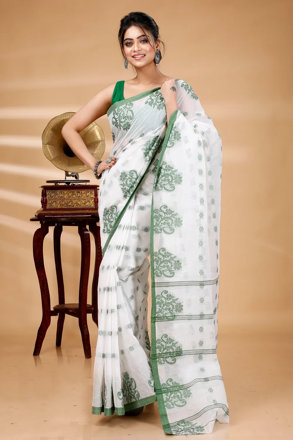Green Pure Cotton Botgach Tant Saree (519)