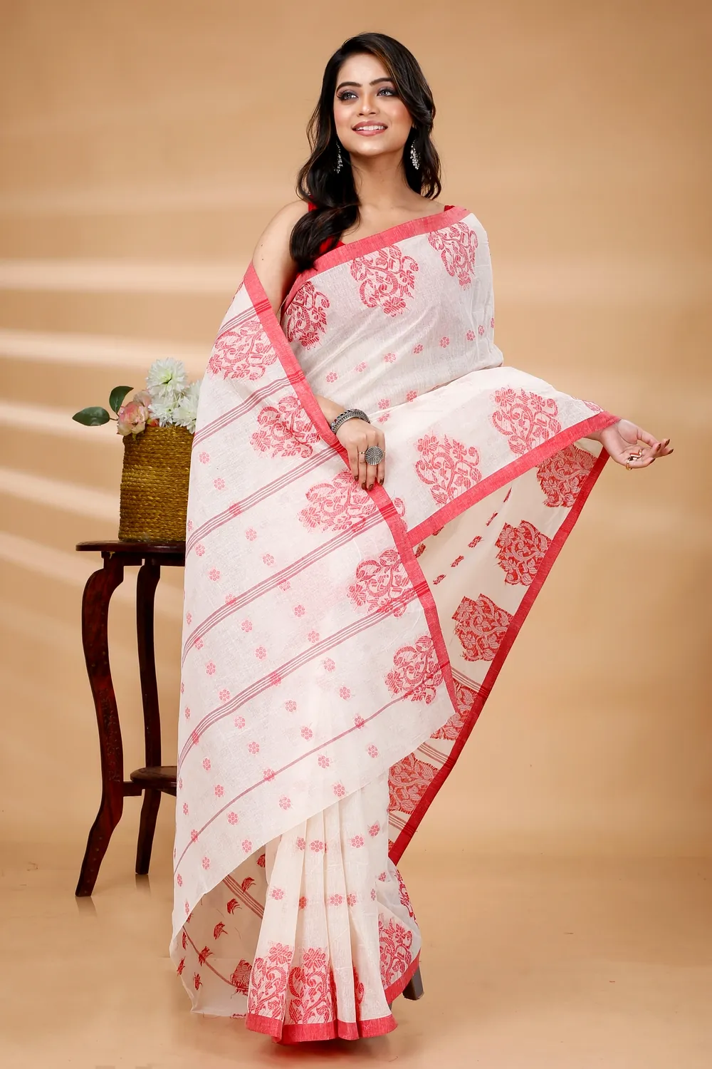 Red Pure Cotton Botgach Tant Saree (521)