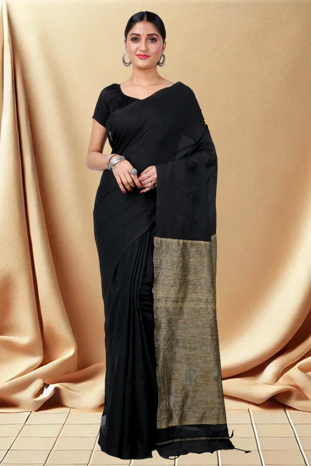 Black Pure Cotton Kesh Than Hand Loom Saree (5230)