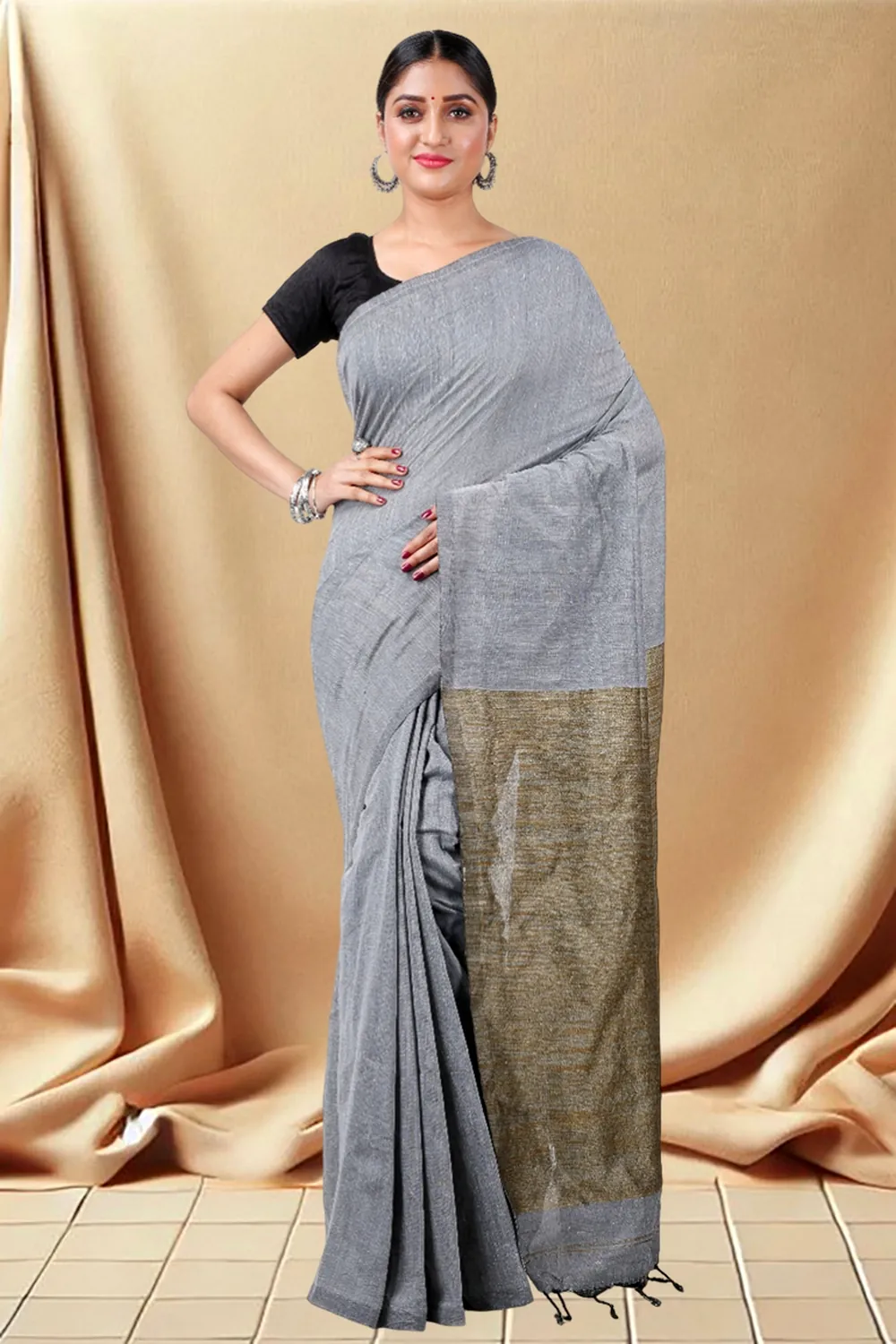 Grey Pure Cotton Kesh Than Hand Loom Saree (5234)