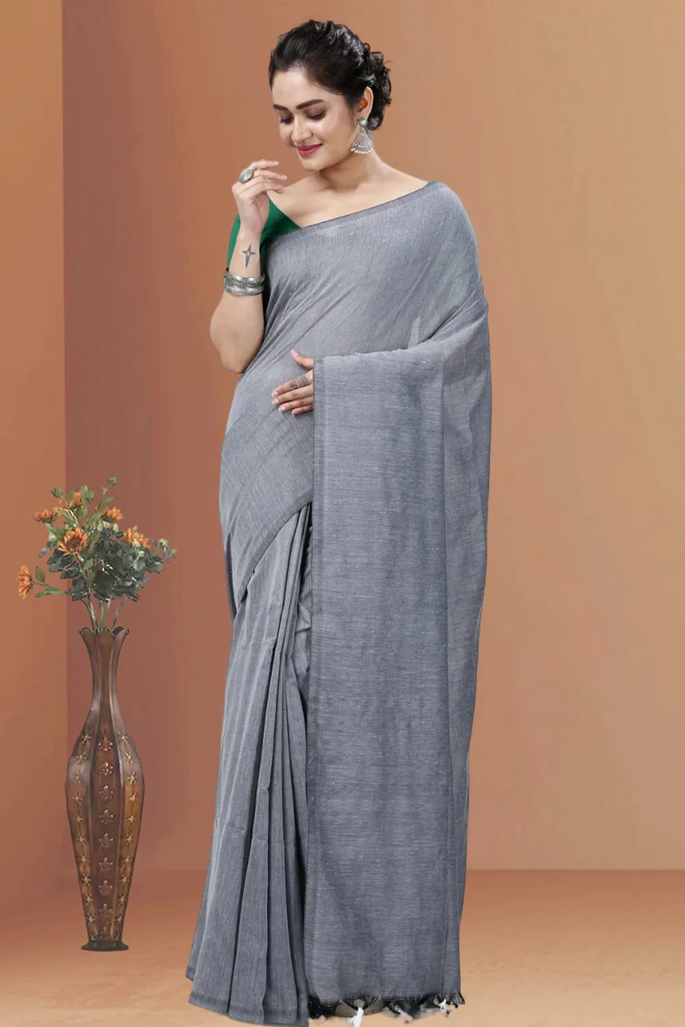 Grey Pure Cotton ThanKhadi Hand Loom Saree (5240)