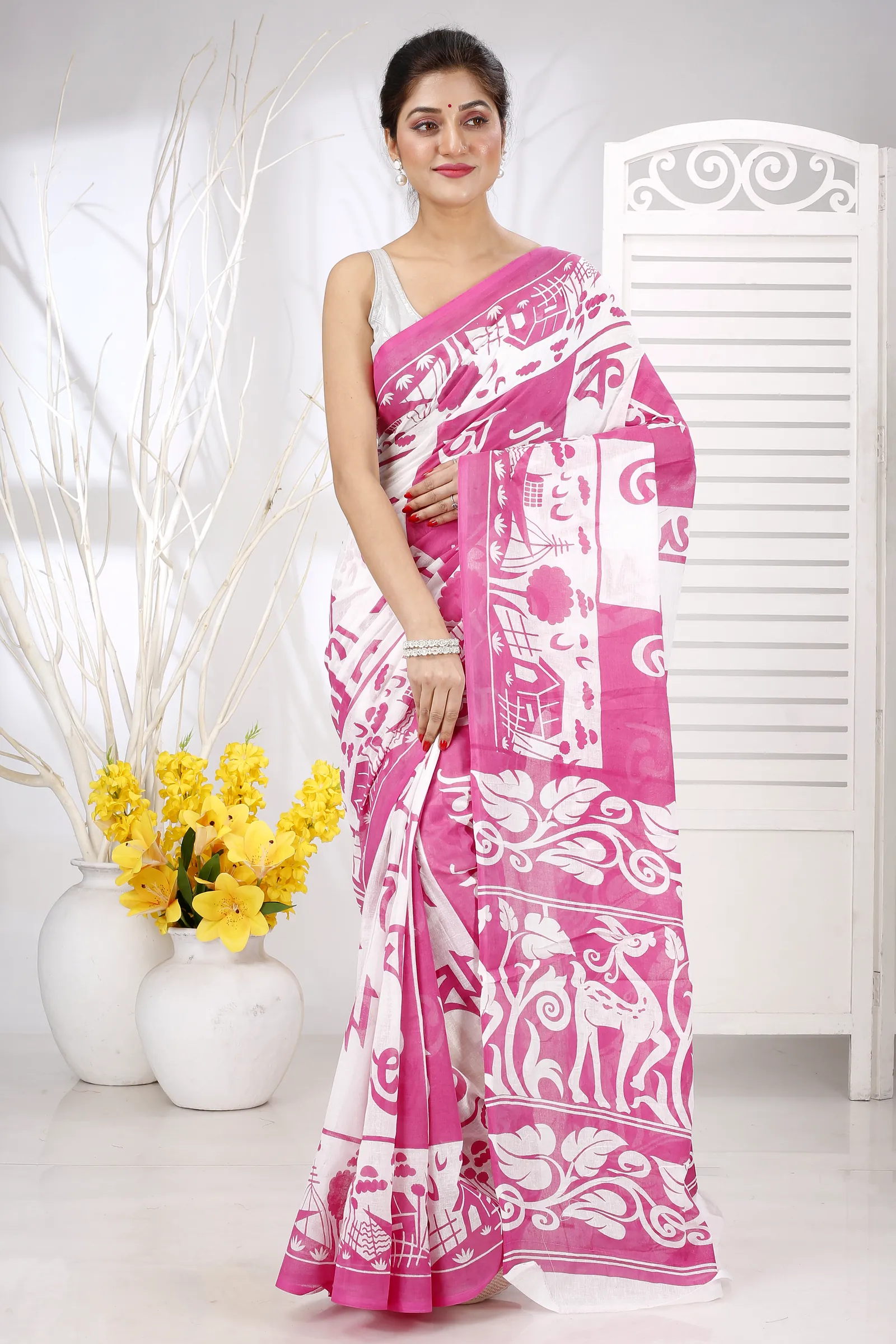 Pink Pure Cotton Barnomala Hand Loom Saree (5243)