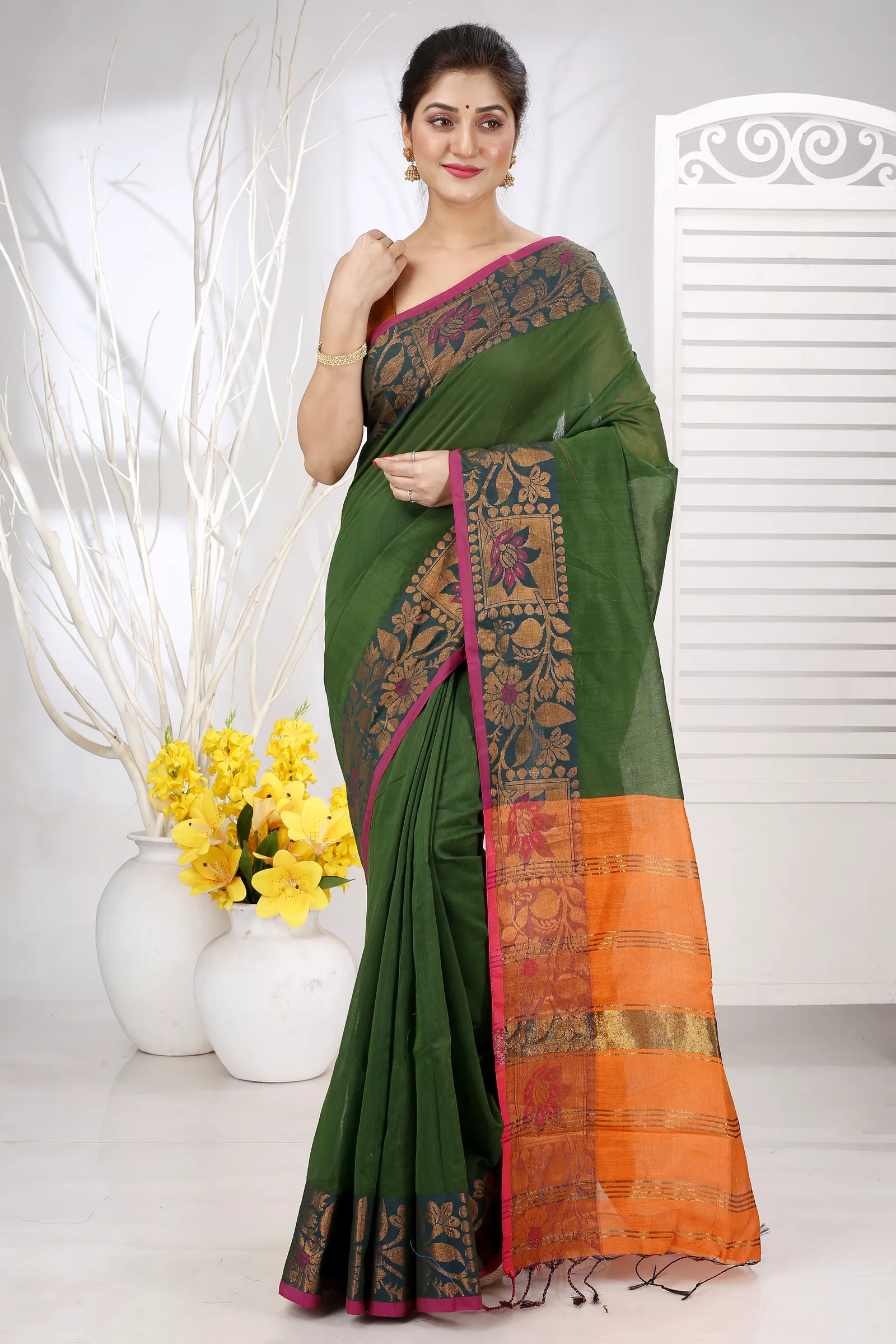 Dark Green Pure Cotton Swarno Hand Loom Saree (5249)