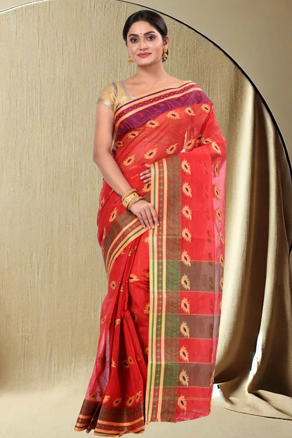 Red Pure Cotton PataButi Tant Saree (525)