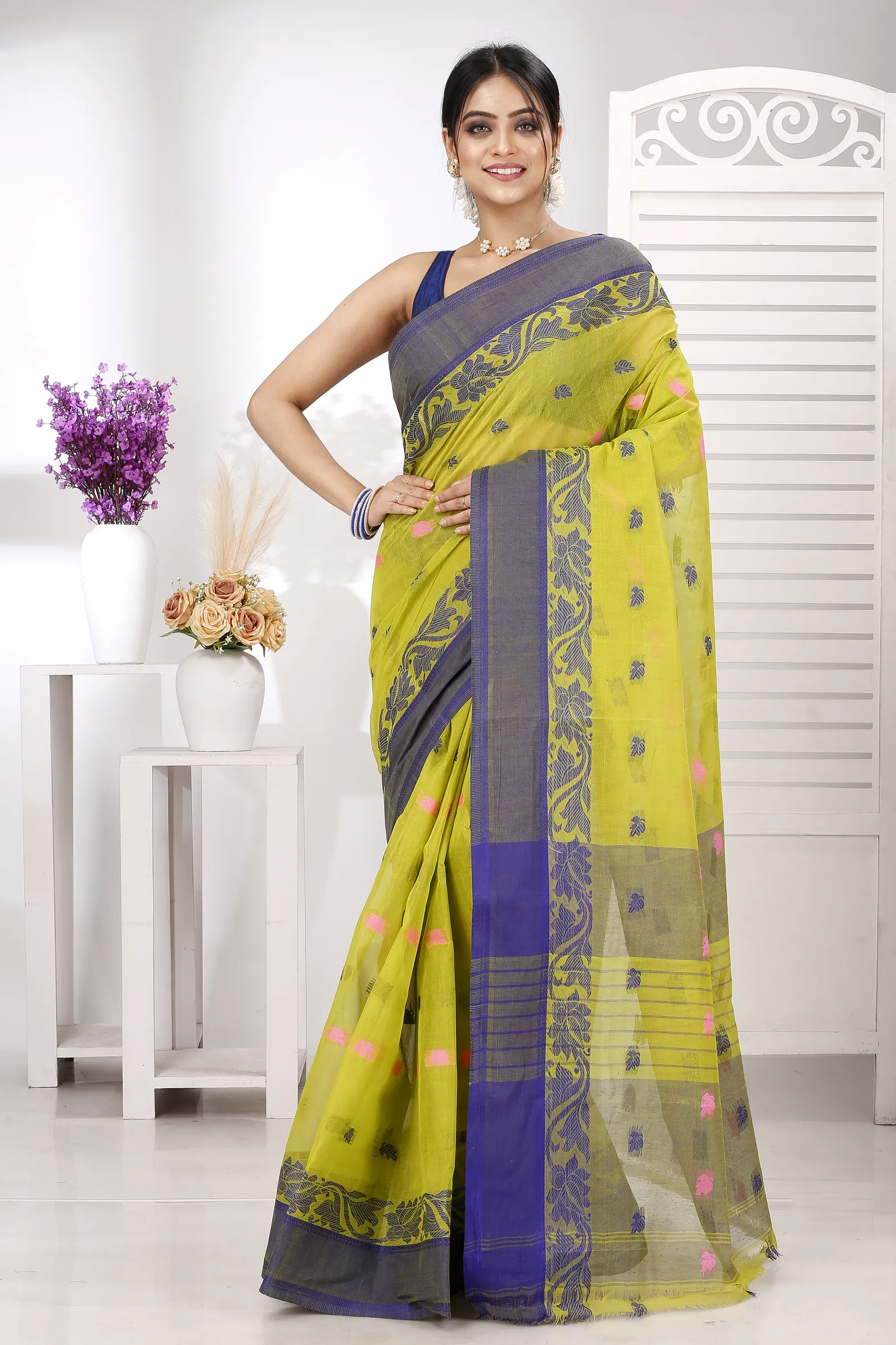 Olive Green Pure Cotton Guti Tant Saree (5253)
