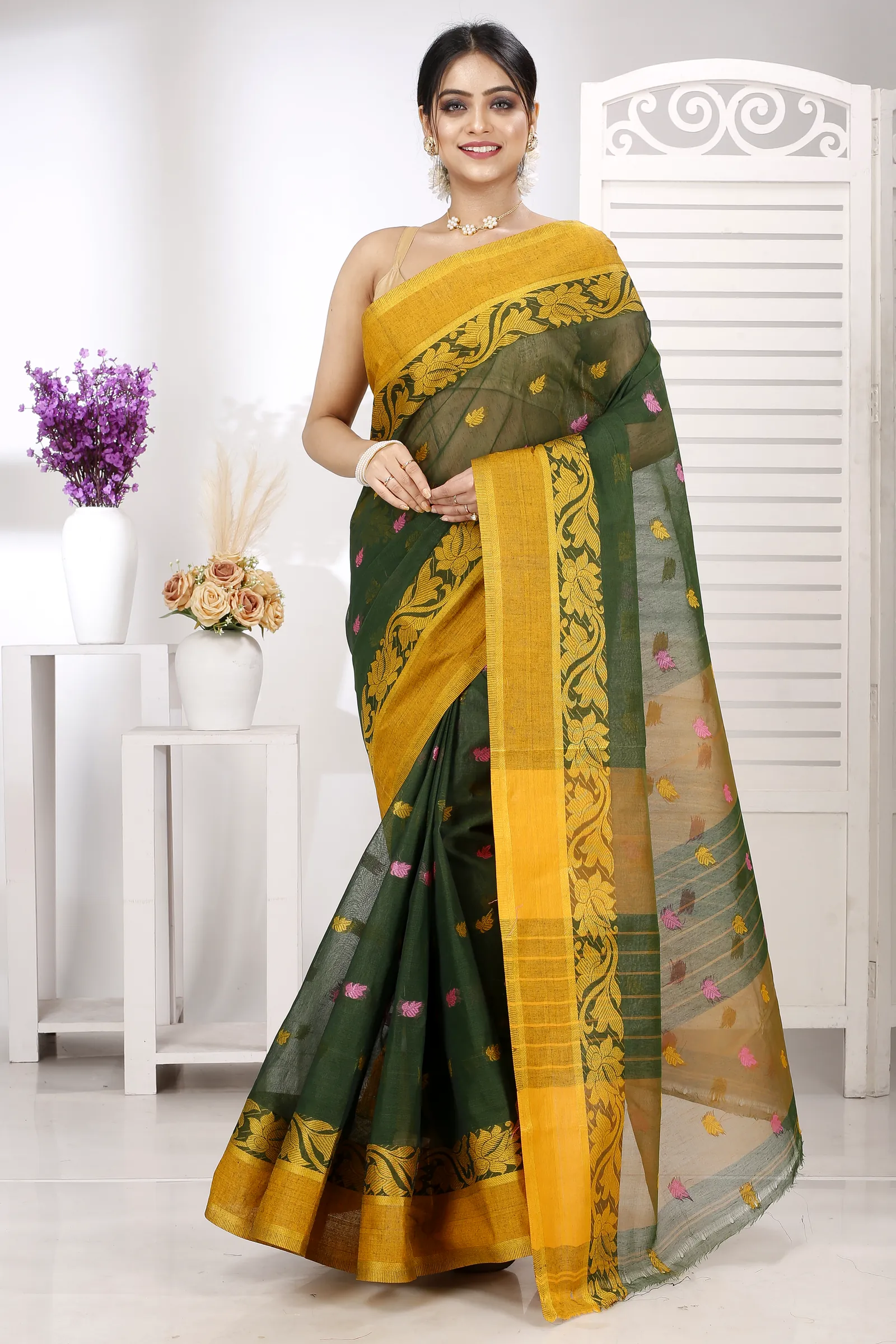 Green Pure Cotton Guti Tant Saree (5255)