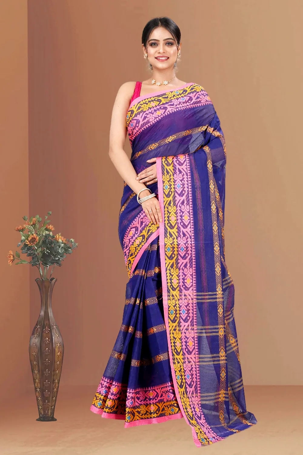 Naby Blue Pure Cotton Moti Ankit Tant Saree (5258)