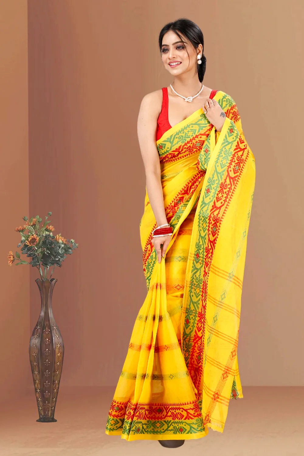 Yellow Pure Cotton Moti Ankit Tant Saree (5259)