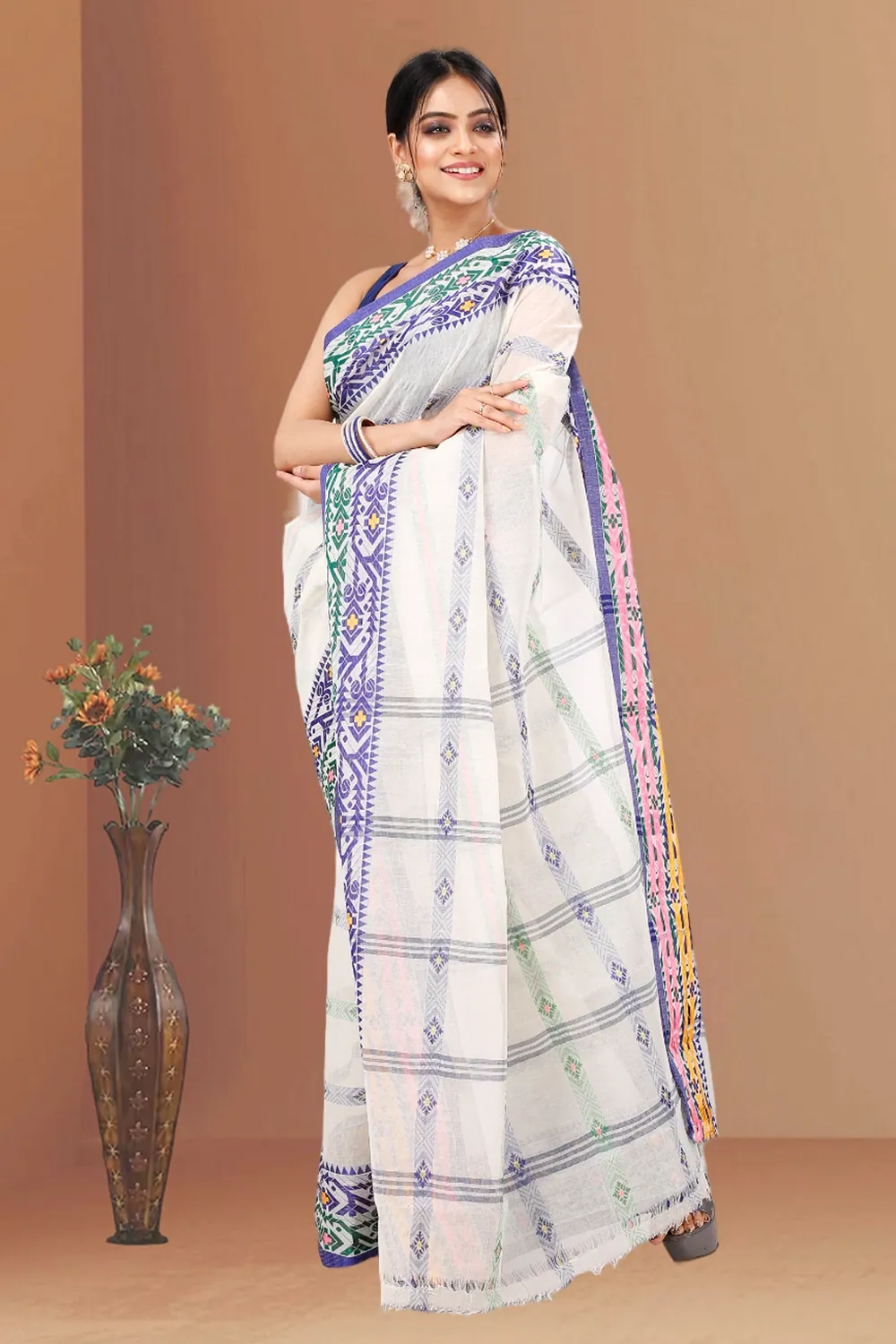 Off-White Pure Cotton Moti Ankit Tant Saree (5260)