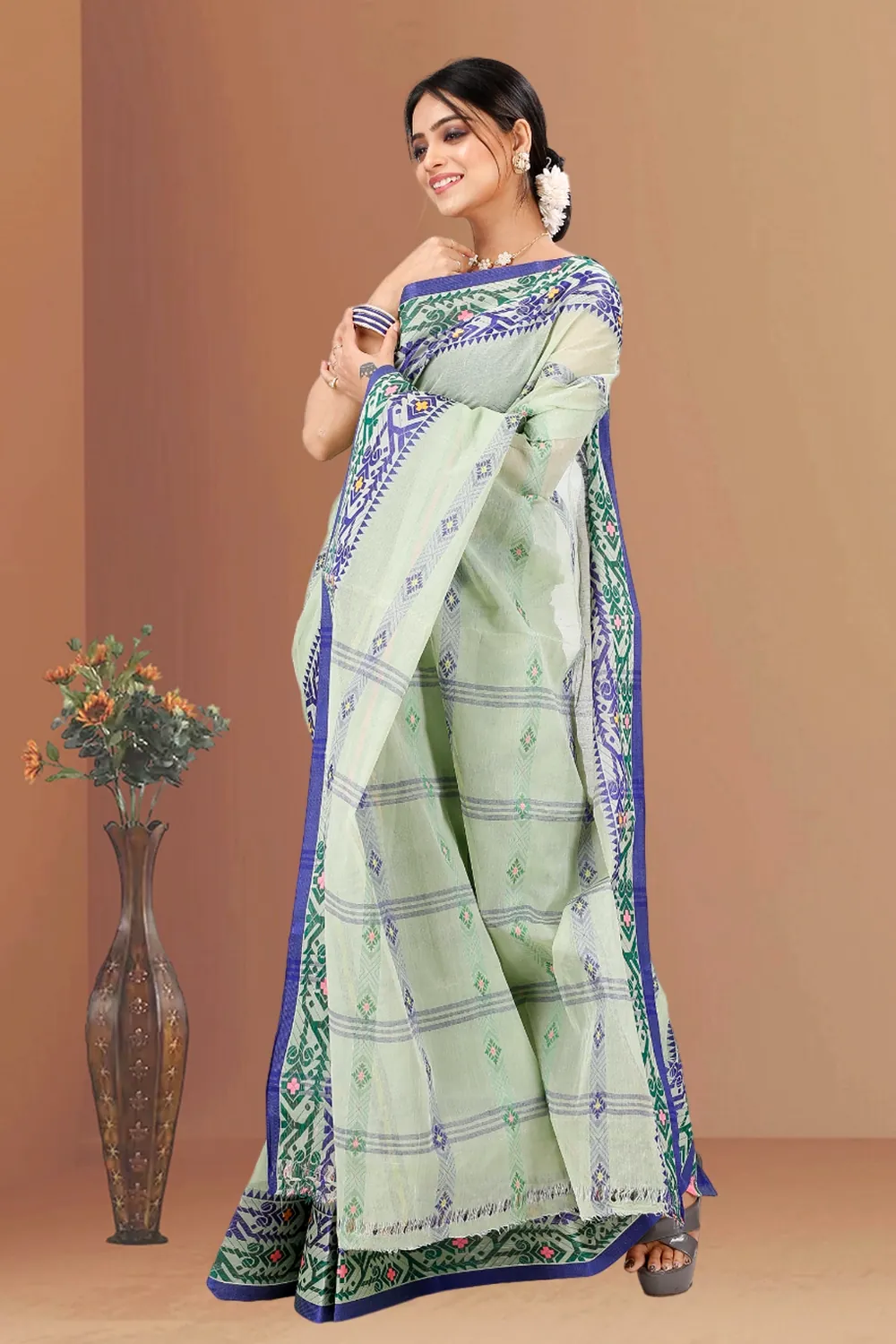 Light Green Pure Cotton Moti Ankit Tant Saree (5261)