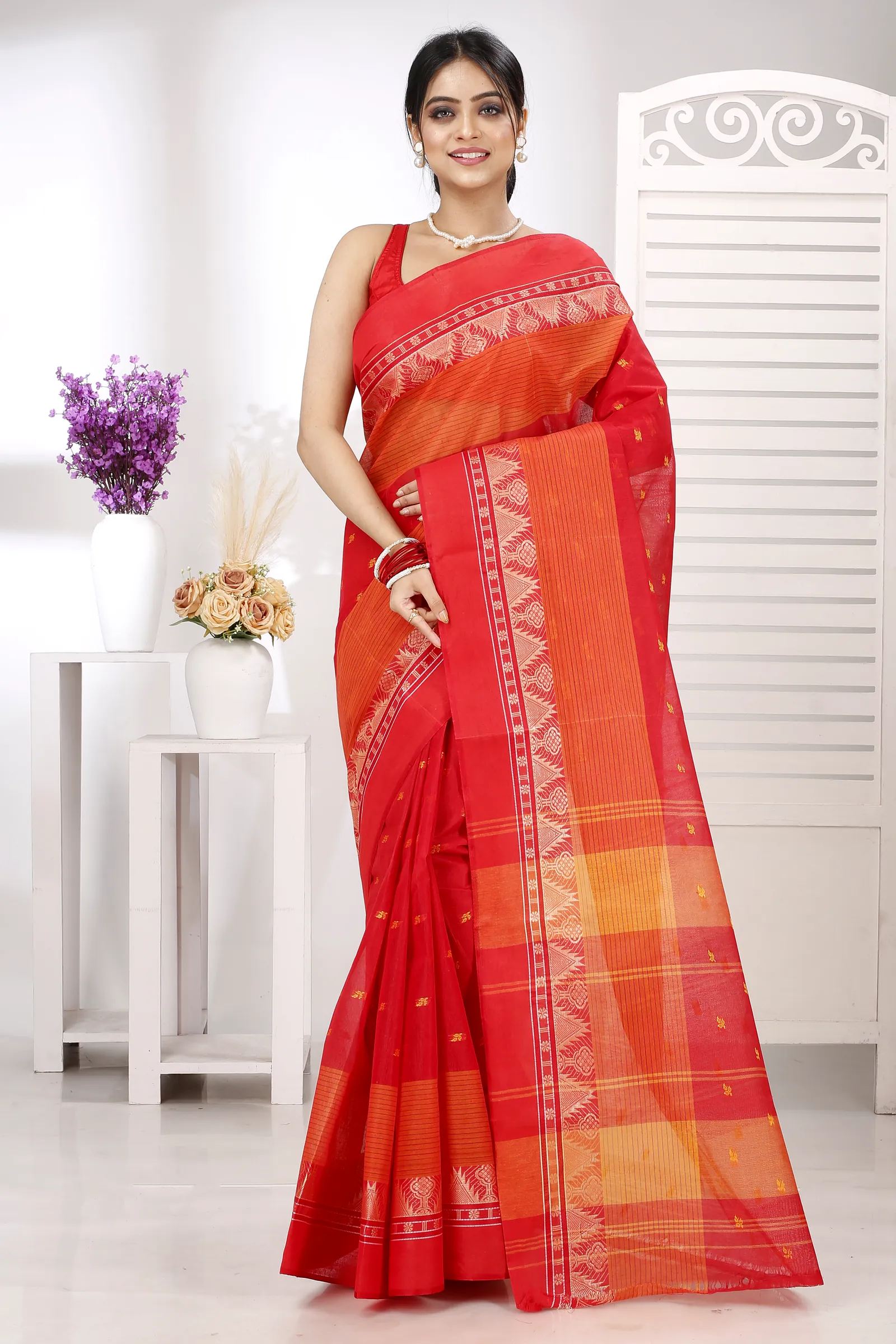 Red Pure Cotton Suto Tant Saree (5262)