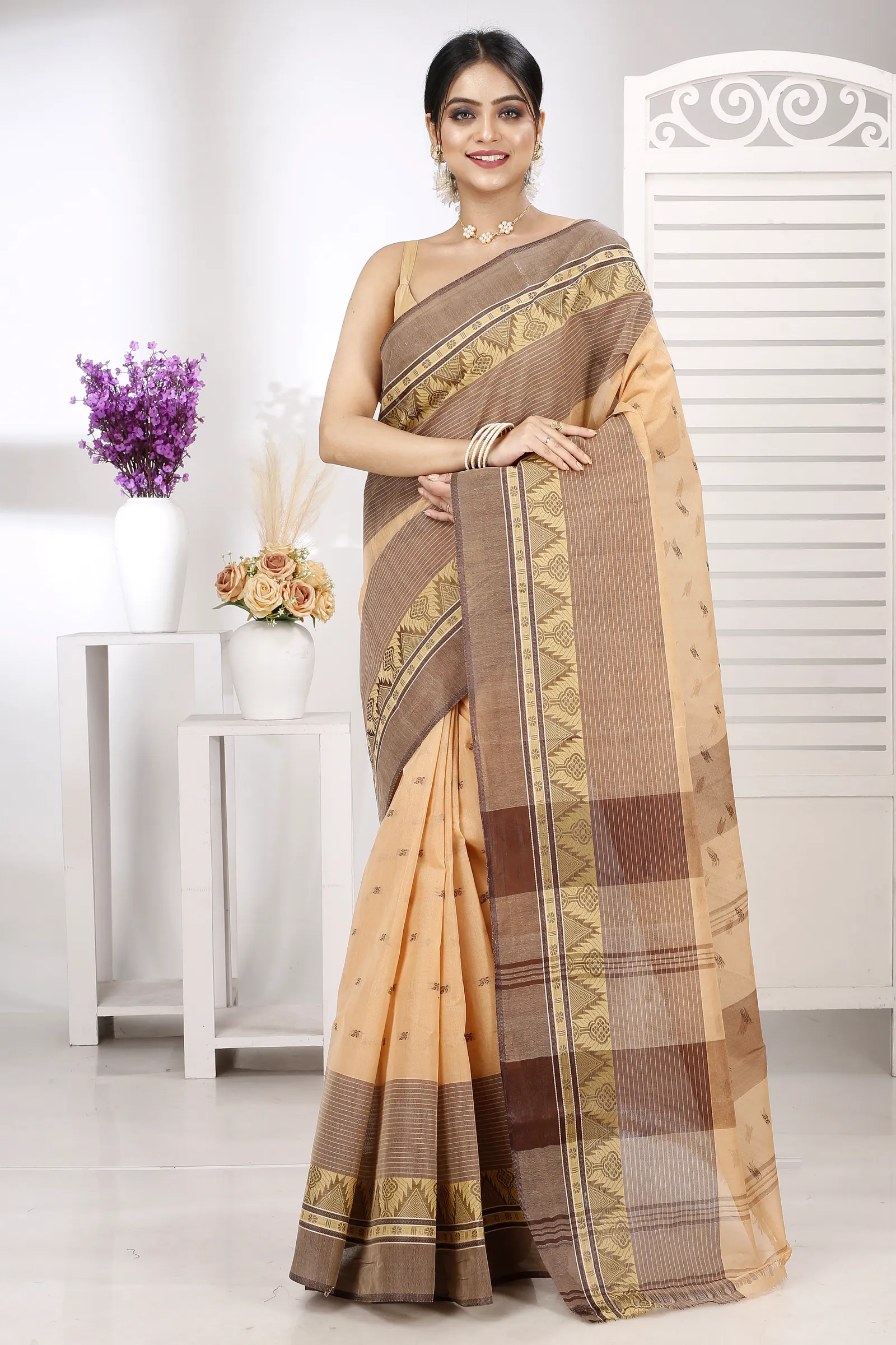 Light Brown Pure Cotton Suto Tant Saree (5266)