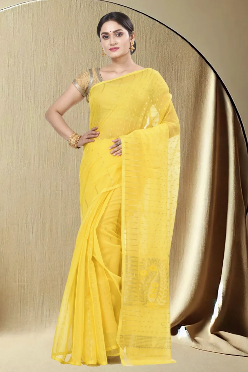 Yellow Blended Cotton New HALF  JAMDINE Jamdani Saree (528)