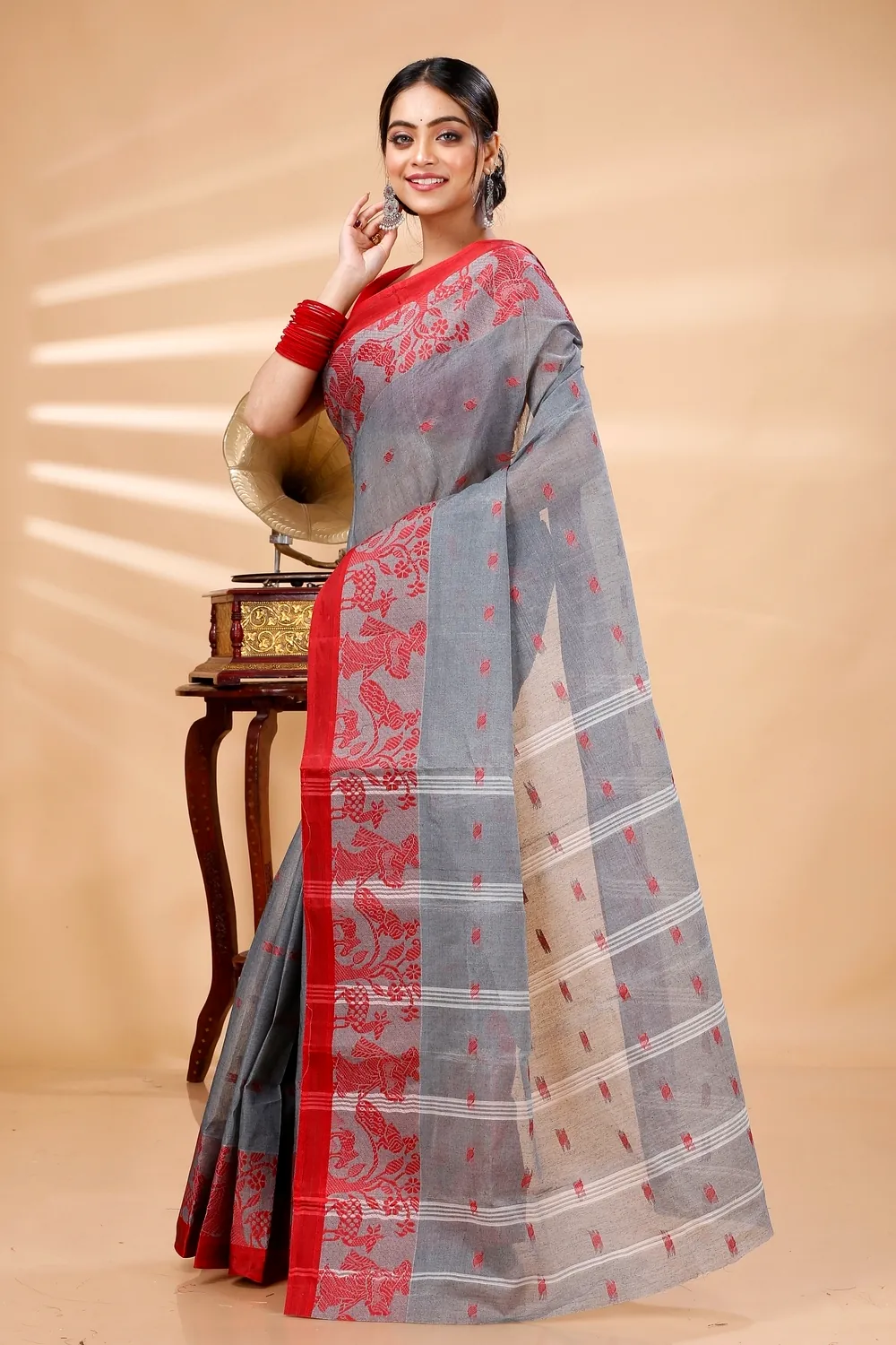 Grey Pure Cotton ParSakuntala Tant Saree (532)