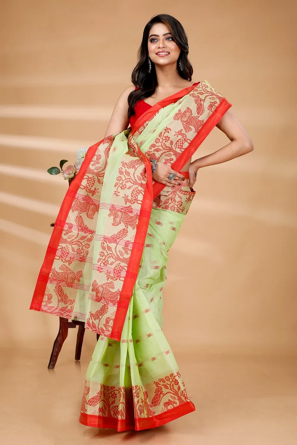 Olive Green Pure Cotton ParSakuntala Tant Saree (534)