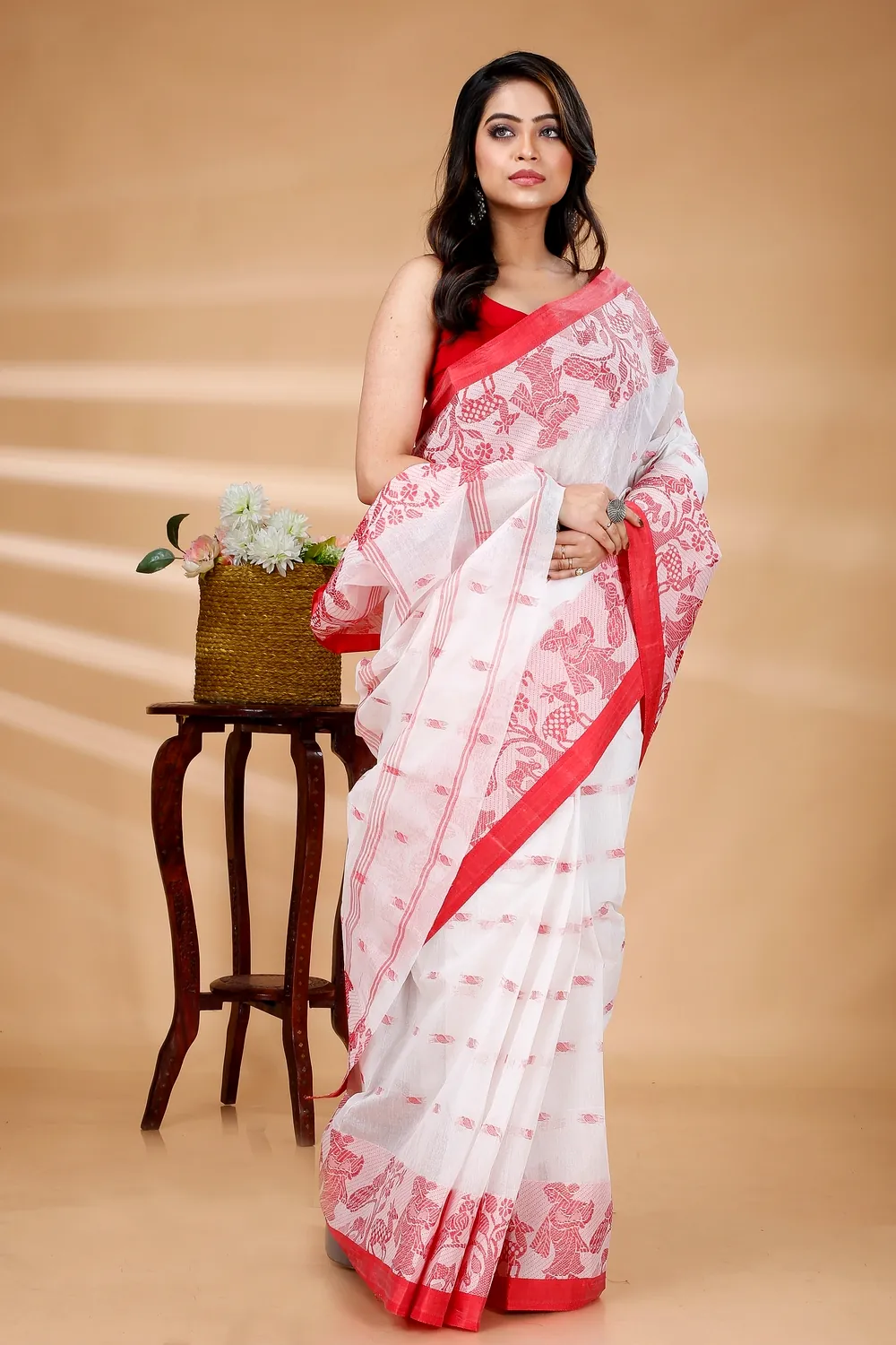 White Pure Cotton ParSakuntala Tant Saree (535)