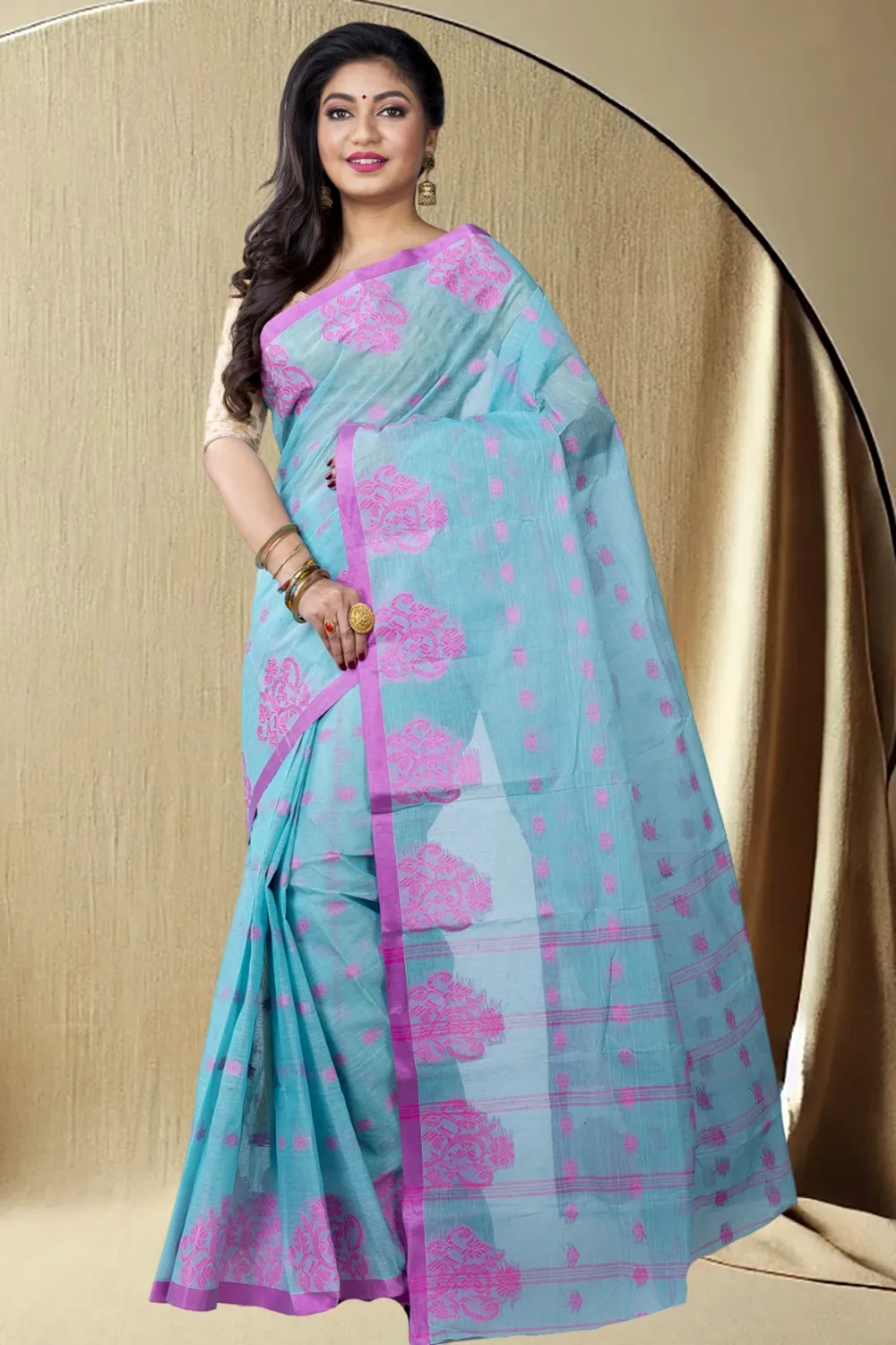 Cyan Pure Cotton Botgach Tant Saree (536)