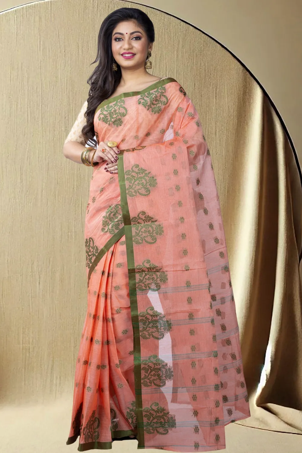 Light Orange Pure Cotton Botgach Tant Saree (539)