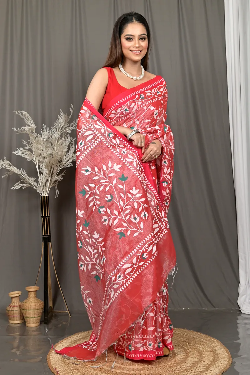 Red Cotton Parbun Handloom Saree  (54)
