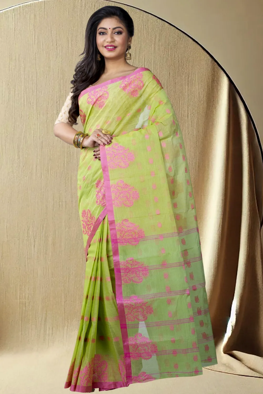 Olive Green Pure Cotton Botgach Tant Saree (541)