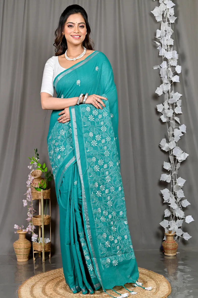 Green Cotton Blended Paru Hand Loom Saree (545)