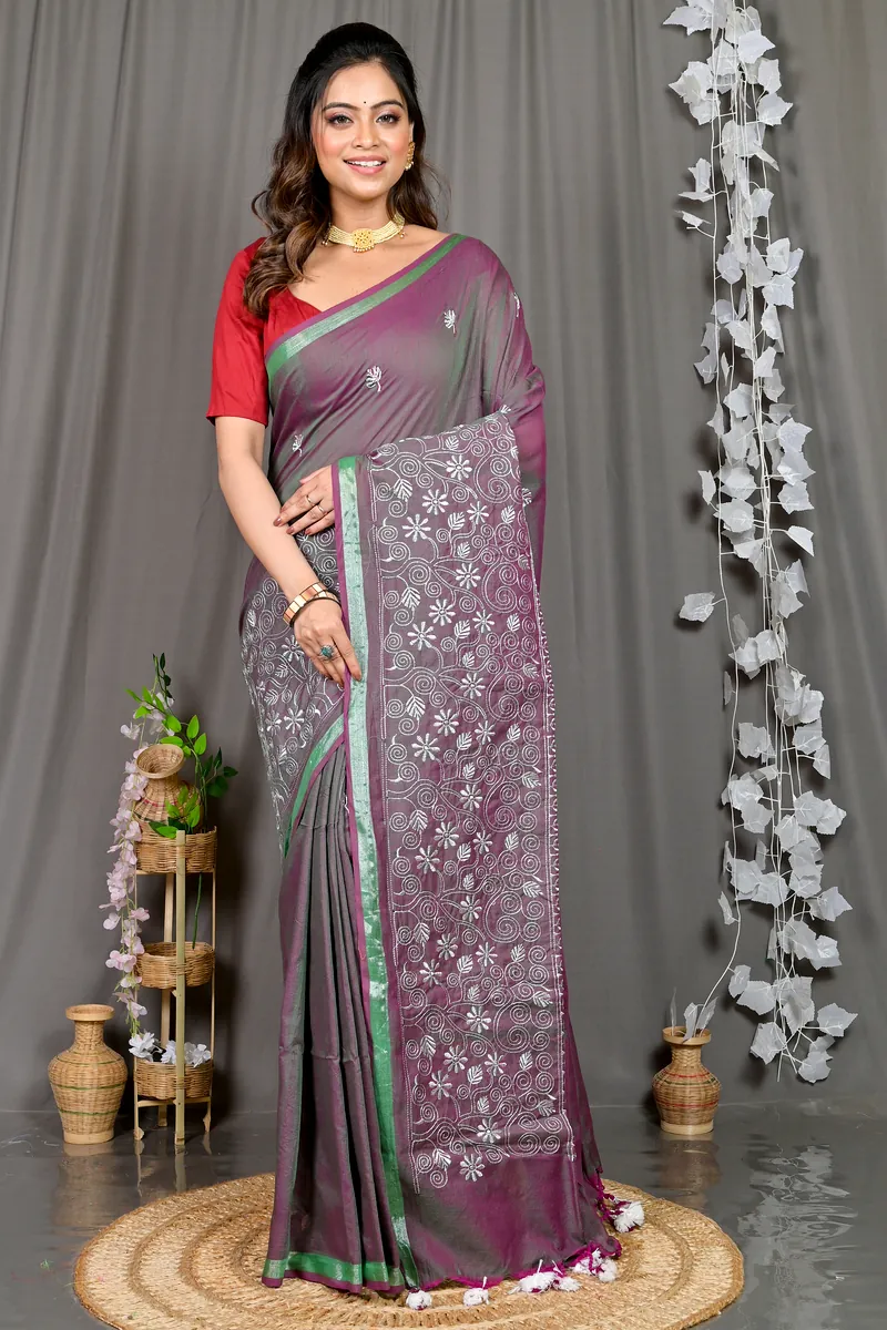 Smoke Grey Cotton Blended Paru Hand Loom Saree (547)