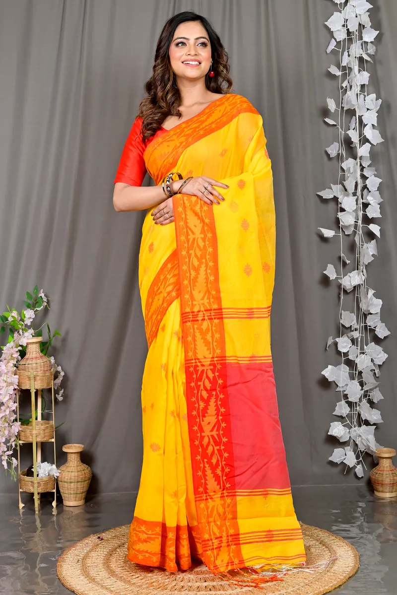 Yellow Red Cotton Blended Parul Hand Loom Saree (550)