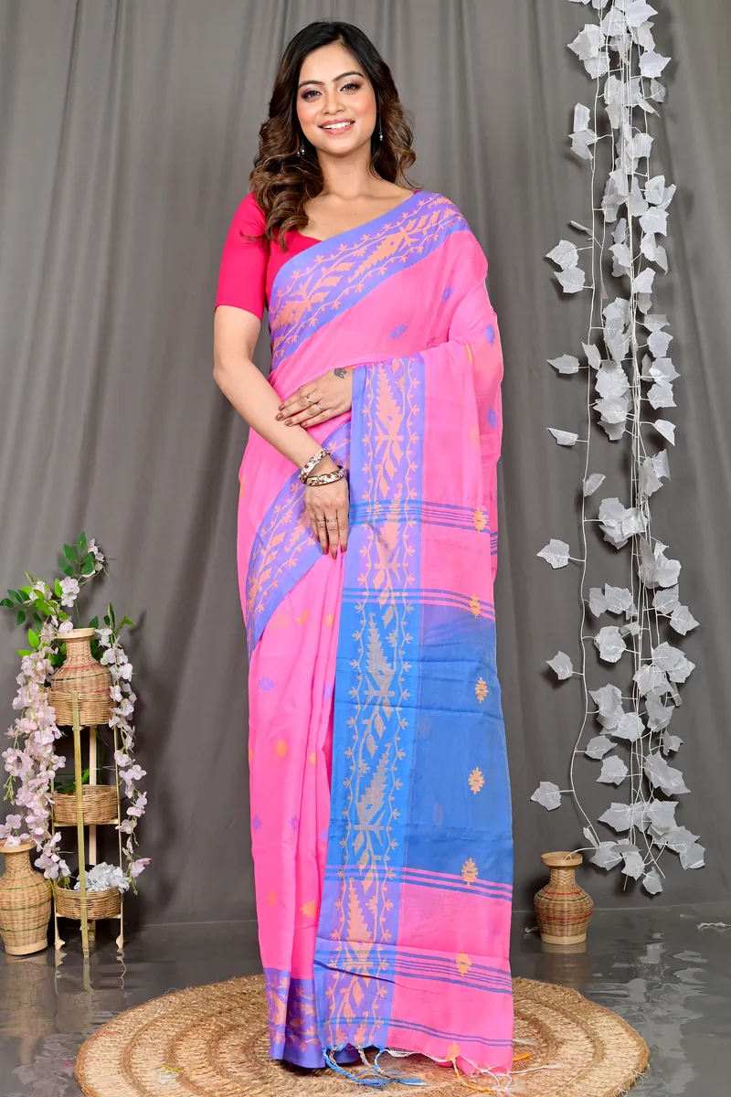 Pink Blue Cotton Blended Parul Hand Loom Saree (552)