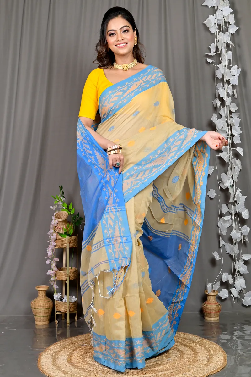 Brown Blue Cotton Blended Parul Hand Loom Saree (553)