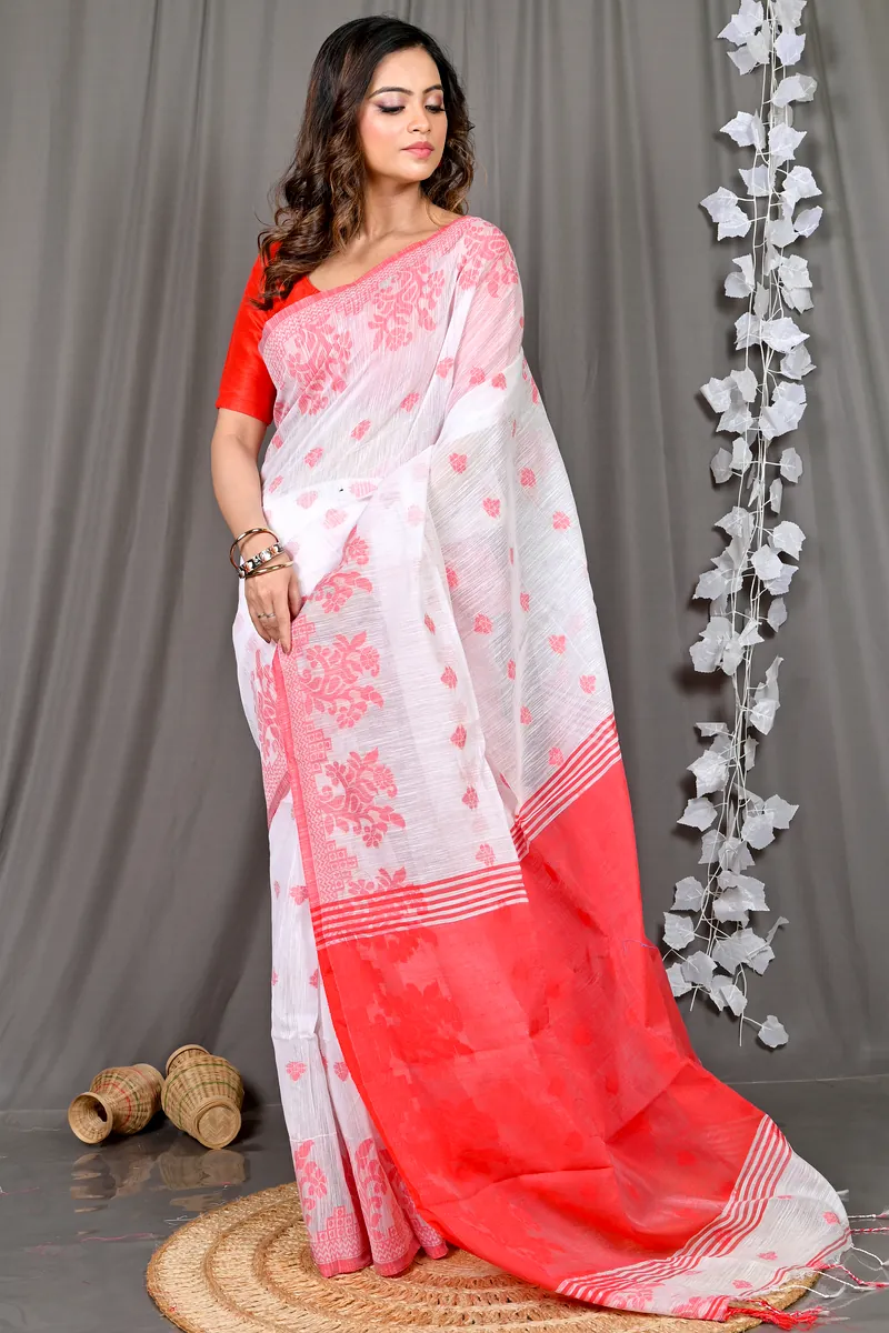 White Red Cotton Blended Parup Hand Loom Saree (554)