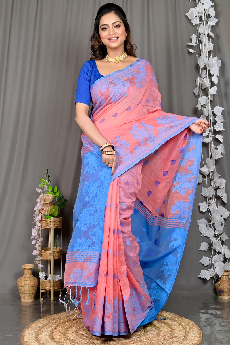 Peach Cotton Blended Parup Hand Loom Saree (555)
