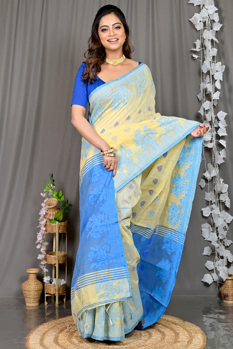 Yellow Blue Cotton Blended Parup Hand Loom Saree (557)