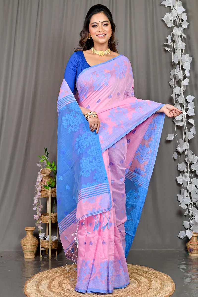 Pink Blue Cotton Blended Parup Hand Loom Saree (558)